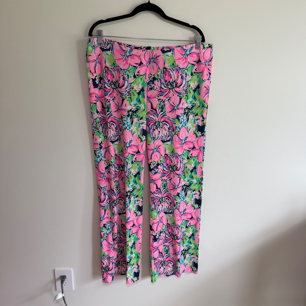 Lilly Pulitzer XL Pink Floral Rayon Spandex Stretch Knit Straight Leg Pants